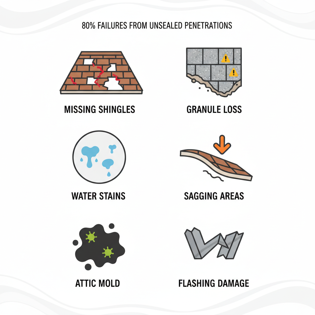 Infographic grid showing six common roof damage signs in Camarillo: missing shingles, granule loss, water stains, sagging areas, attic mold, and flashing damage with illustrative icons and brief labels.