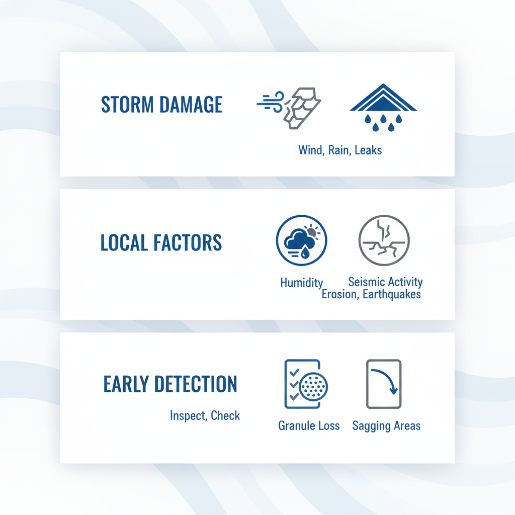 Infographic showing common roofing issues in Camarillo including storm damage, local environmental factors, and early detection tips