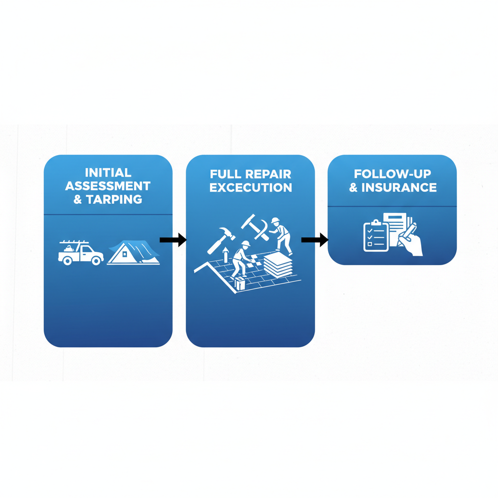 Horizontal process flow diagram illustrating the three steps of emergency roof repair: assessment and tarping, repair execution, and follow-up with insurance handling.