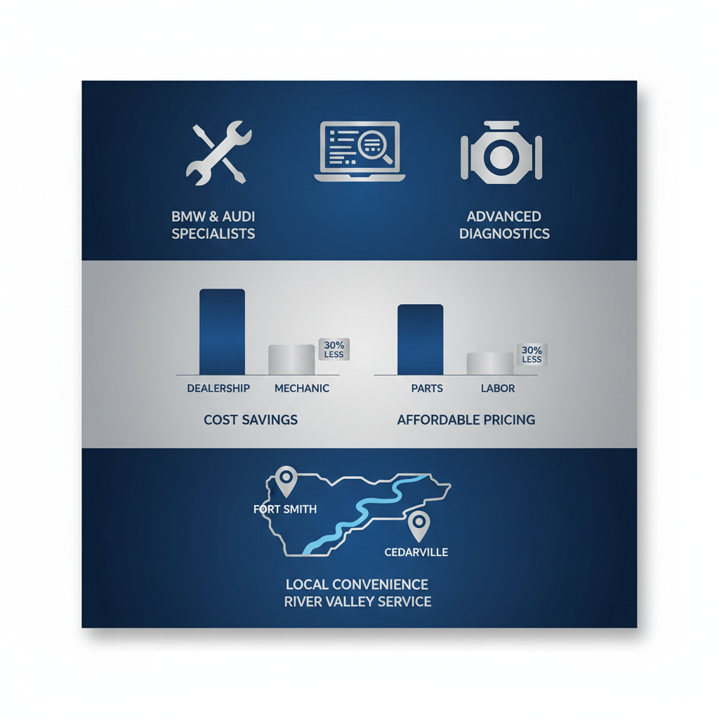 Infographic illustrating expertise, cost savings, and convenience benefits of specialized European car mechanics in River Valley
