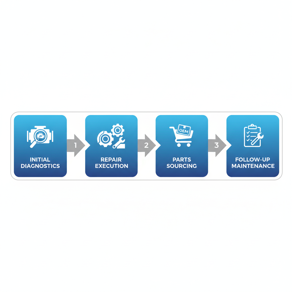 Horizontal process flow diagram outlining European auto repair steps at The Dapper Wrench: initial diagnostics, repair execution, parts sourcing, and follow-up maintenance.