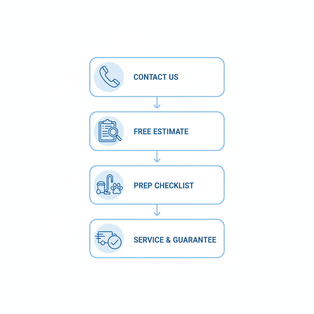 Vertical process flow diagram showing four steps to schedule rug cleaning service in San Diego