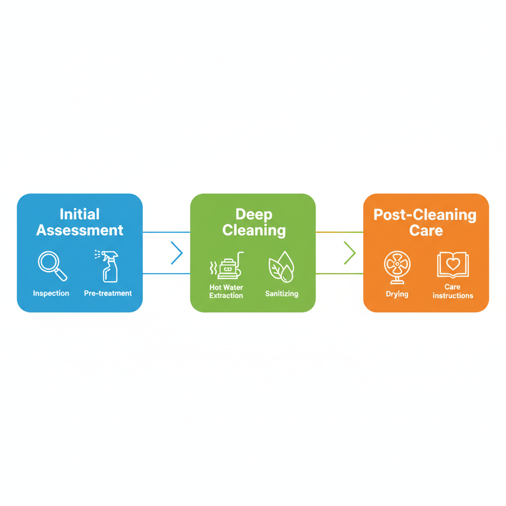 Horizontal process flow diagram showing the three stages of professional carpet cleaning: assessment, deep cleaning, and post-care.