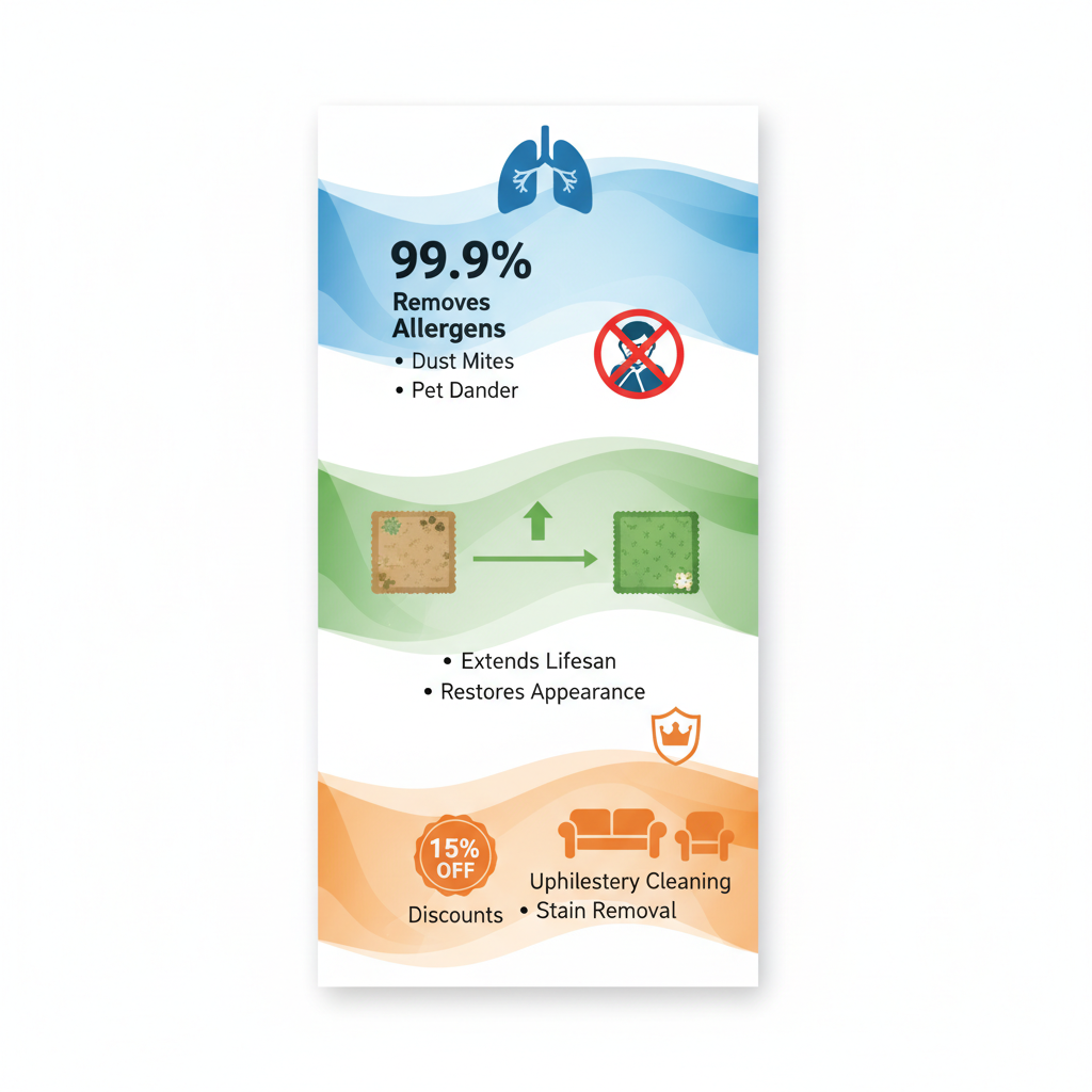 Infographic showing three key benefits of professional carpet cleaning: health improvements, extended lifespan, and value-added services with icons and stats.