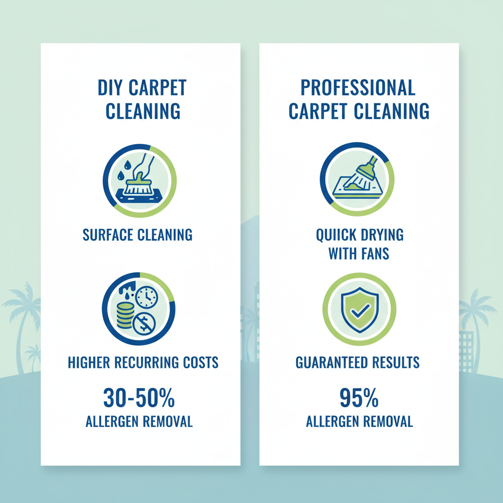 Infographic comparing DIY versus professional carpet cleaning methods with icons, stats, and San Diego skyline background