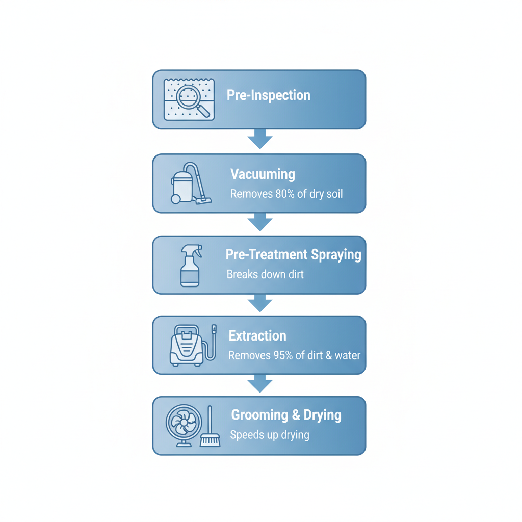 Vertical process flow diagram illustrating five steps of professional hot water extraction carpet cleaning method