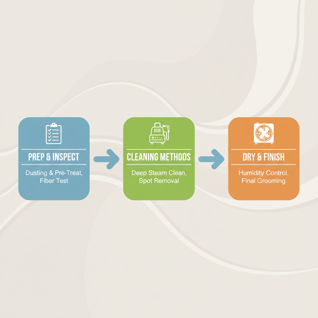 Horizontal process flow diagram illustrating the three main stages of professional rug cleaning for San Diego homes
