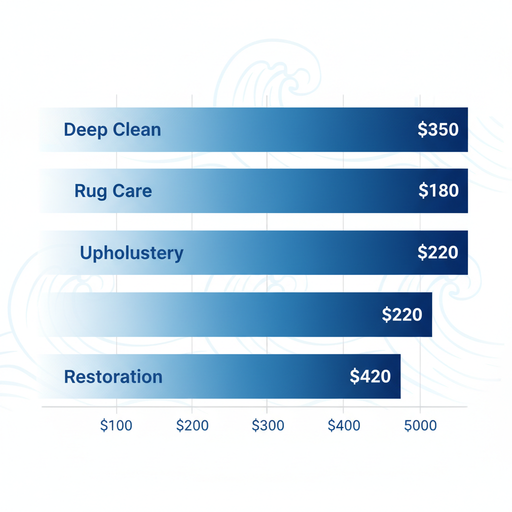 Horizontal bar chart showing average costs for carpet cleaning services in San Diego including deep clean, rug care, upholstery, and restoration.