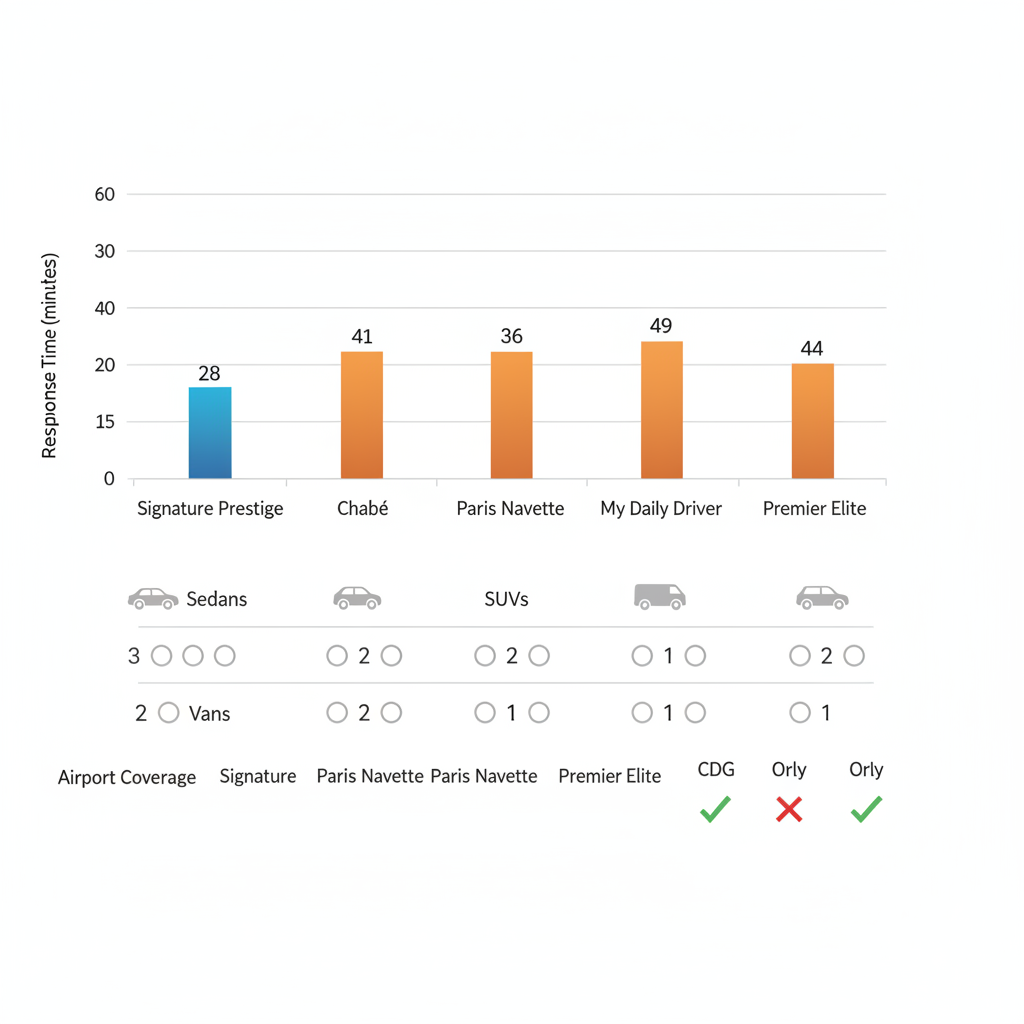 Graphique à barres horizontales comparant les temps de réponse des fournisseurs de limousine parisiens, incluant les icônes de flotte et les coches de couverture aéroportuaire