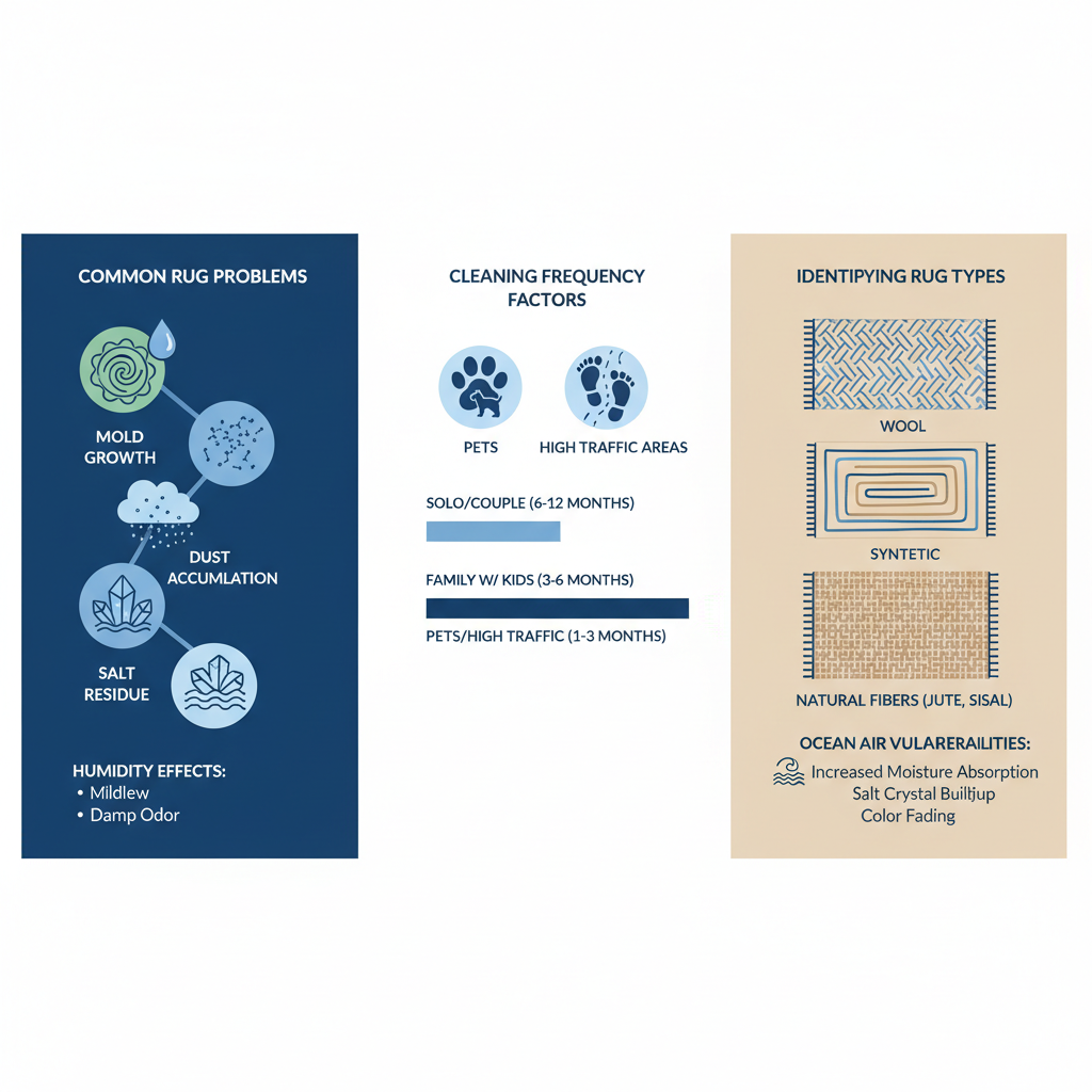 Infographic showing common rug problems, cleaning frequency factors, and rug types for San Diego coastal homes