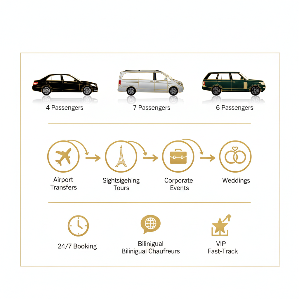 Infographie illustrant les options de flotte de limousine de luxe, les types de services et les points forts de la disponibilité à Paris.