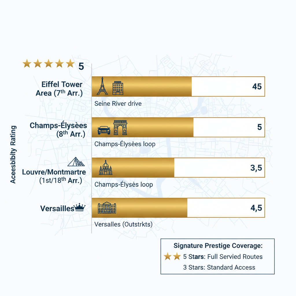 Graphique à barres horizontales comparant l’accessibilité des quartiers de mariage parisiens pour les services de limousine de luxe avec les étoiles et les icônes de lieu.