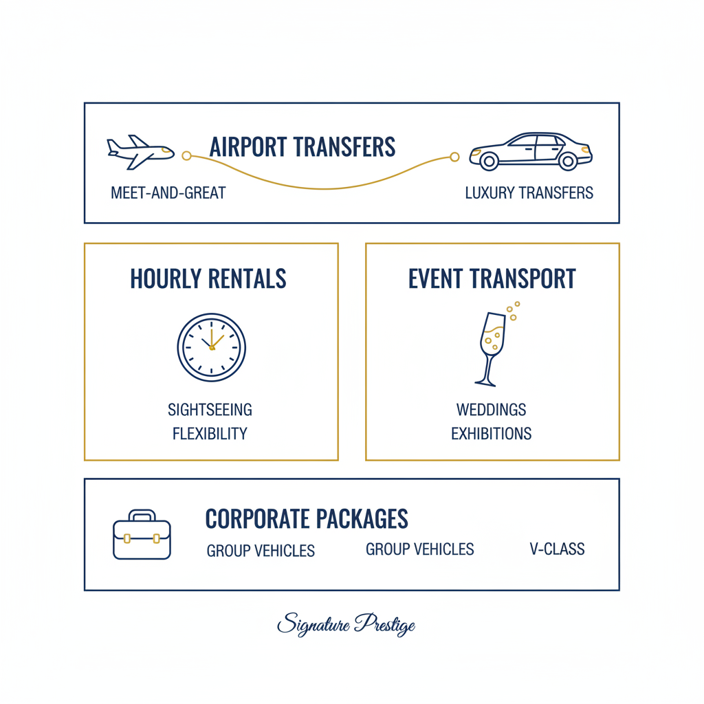 Infographic illustrating luxury limo service options in Paris including airport transfers, hourly rentals, event transport, and corporate packages with icons and key features.