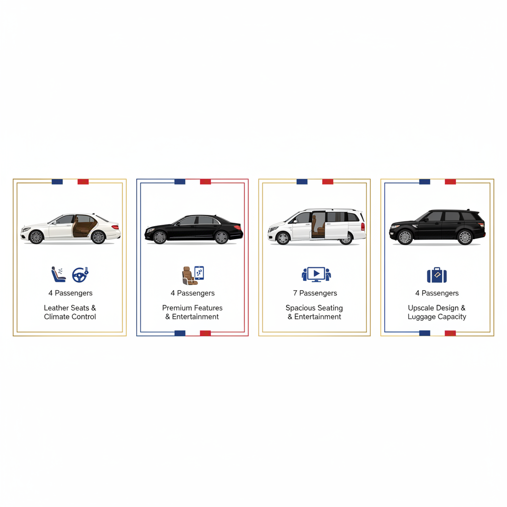 Infographie des véhicules de luxe pour les mariages parisiens, dont Mercedes Classe E, Classe S, Classe V et Range Rover Sport avec icônes de caractéristiques