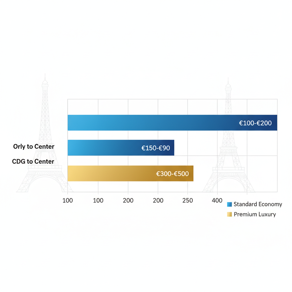 Graphique à barres horizontales comparant les coûts de transfert aéroportuaire standard et premium des aéroports parisiens vers le centre-ville