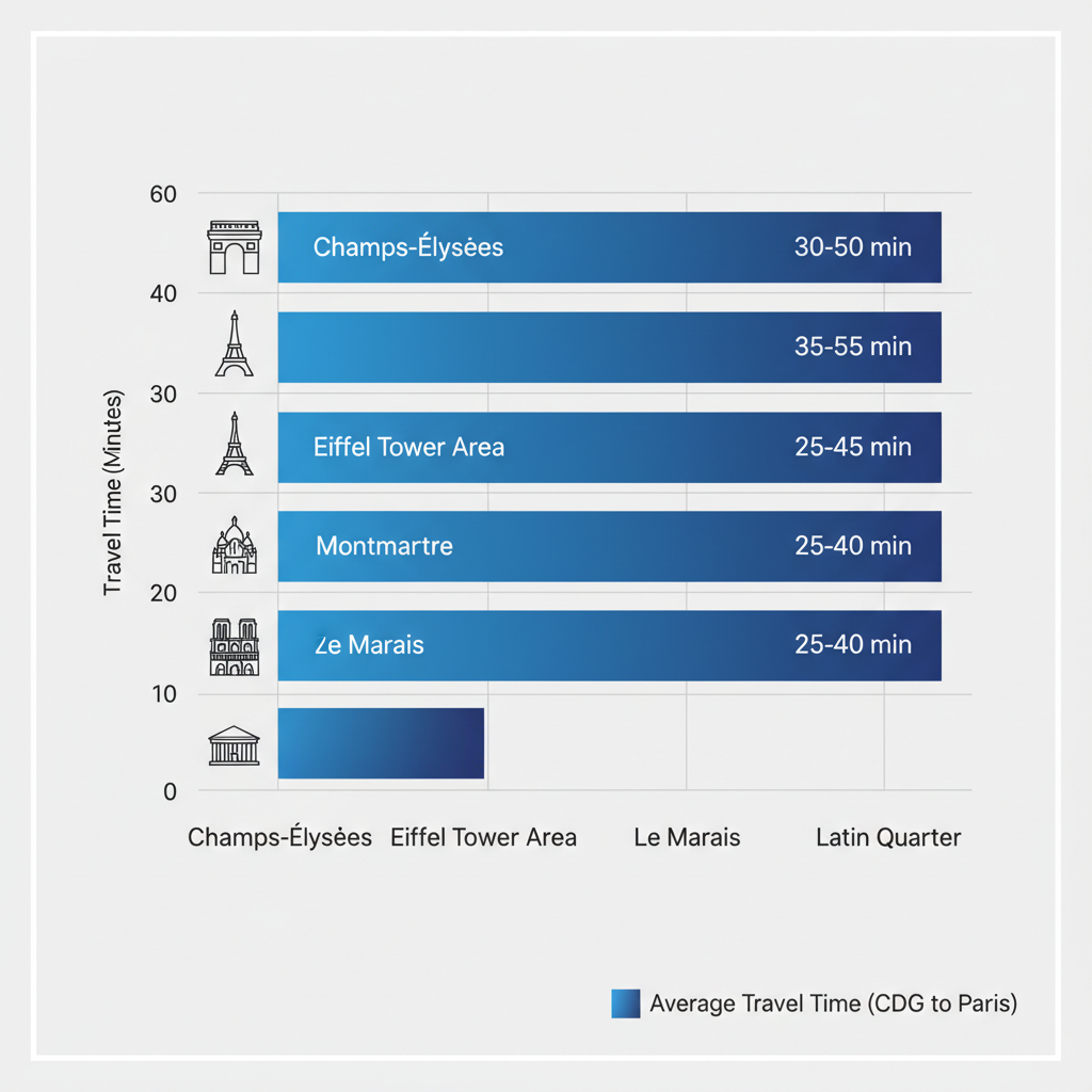 Graphique à barres comparant les temps de trajet de CDG aux quartiers parisiens avec des icônes monumentales
