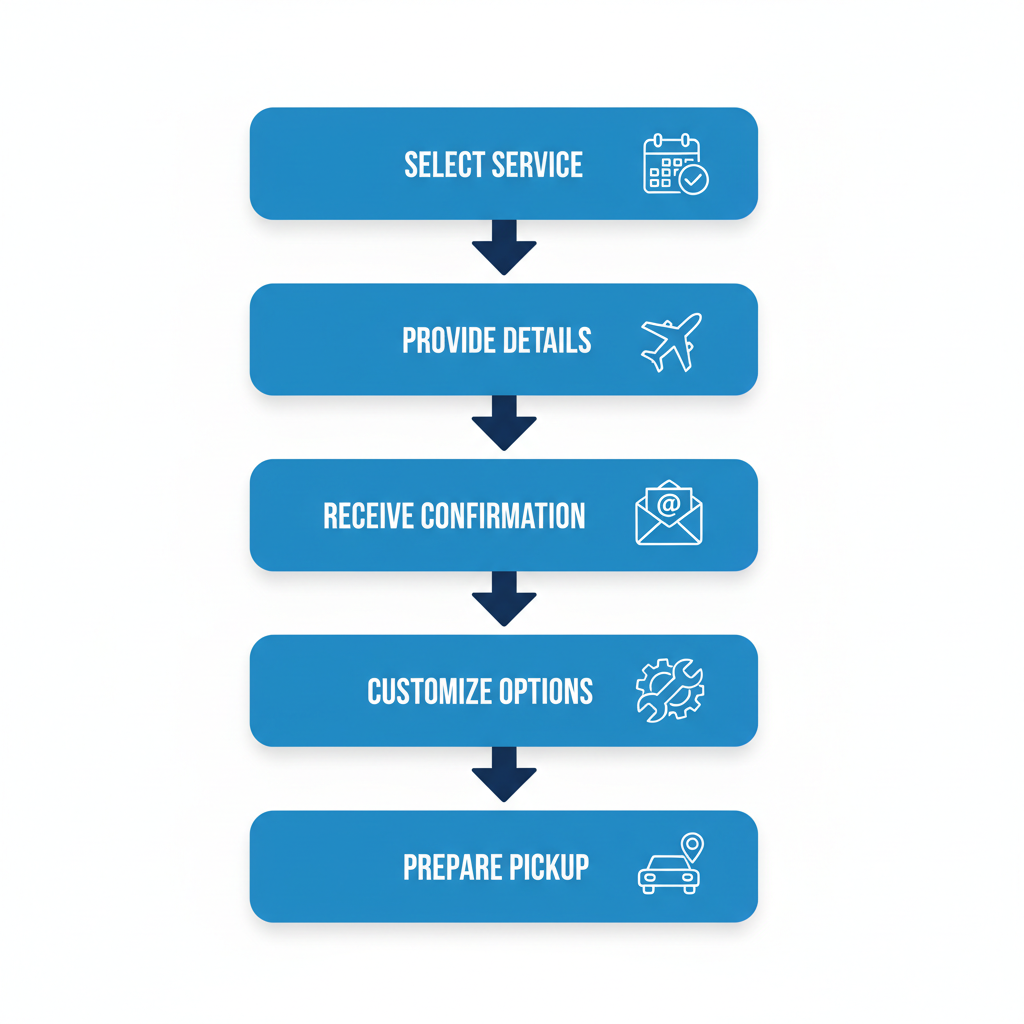 Processus vertical illustrant les cinq étapes pour réserver un service de chauffeur de luxe à Paris