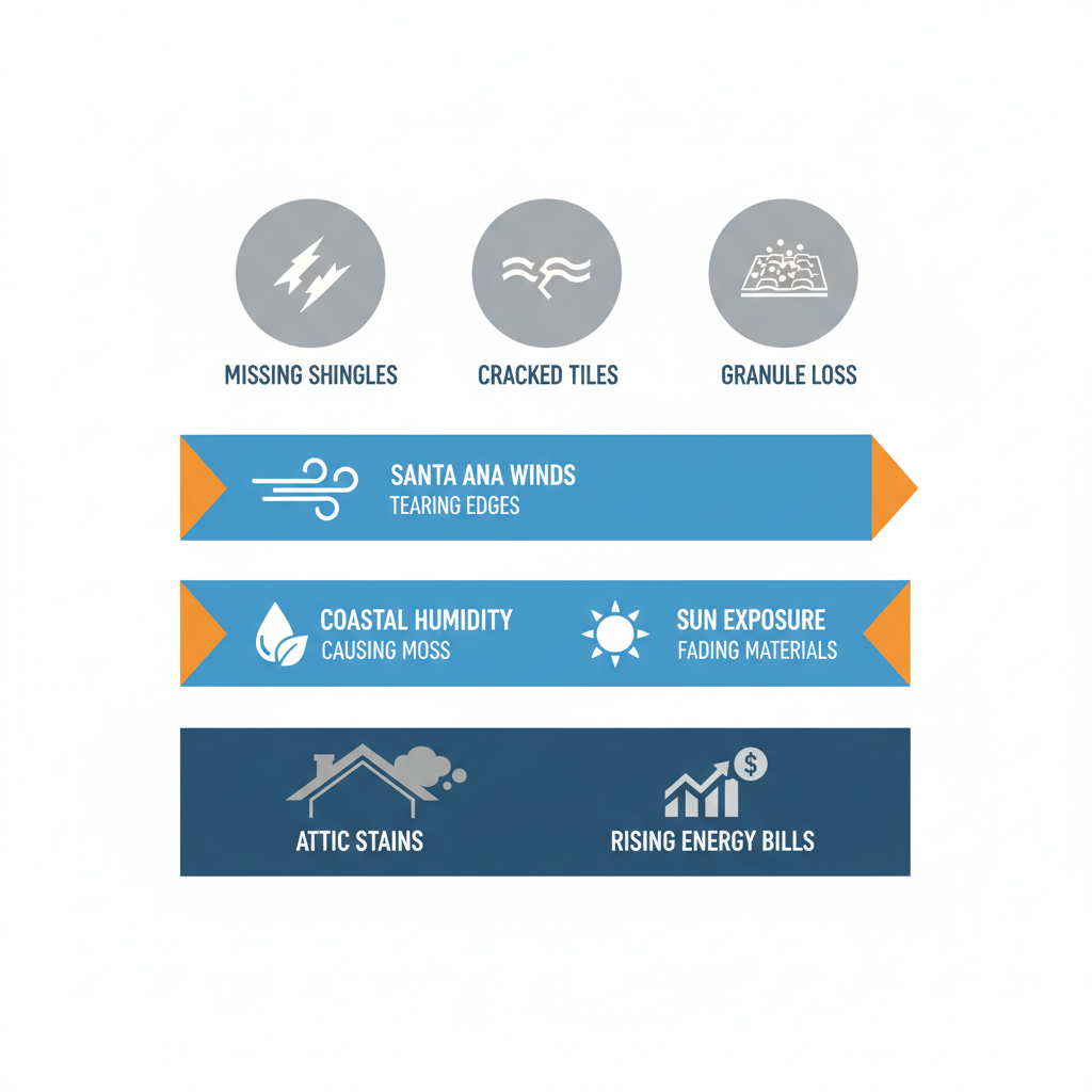 Infographic showing common roof damage signs in San Diego County including missing shingles, cracked tiles, weather impacts, and inspection triggers.