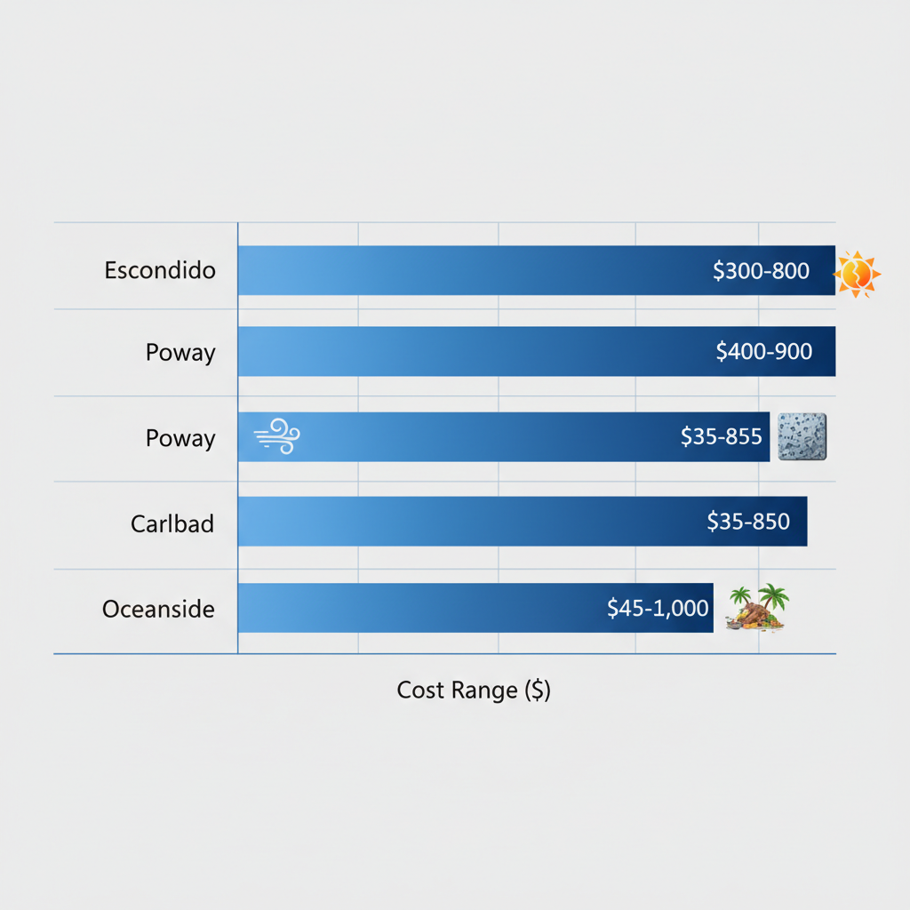 Comparison chart of typical roofing repair costs and issues in Escondido region areas including Escondido, Poway, Carlsbad, and Oceanside
