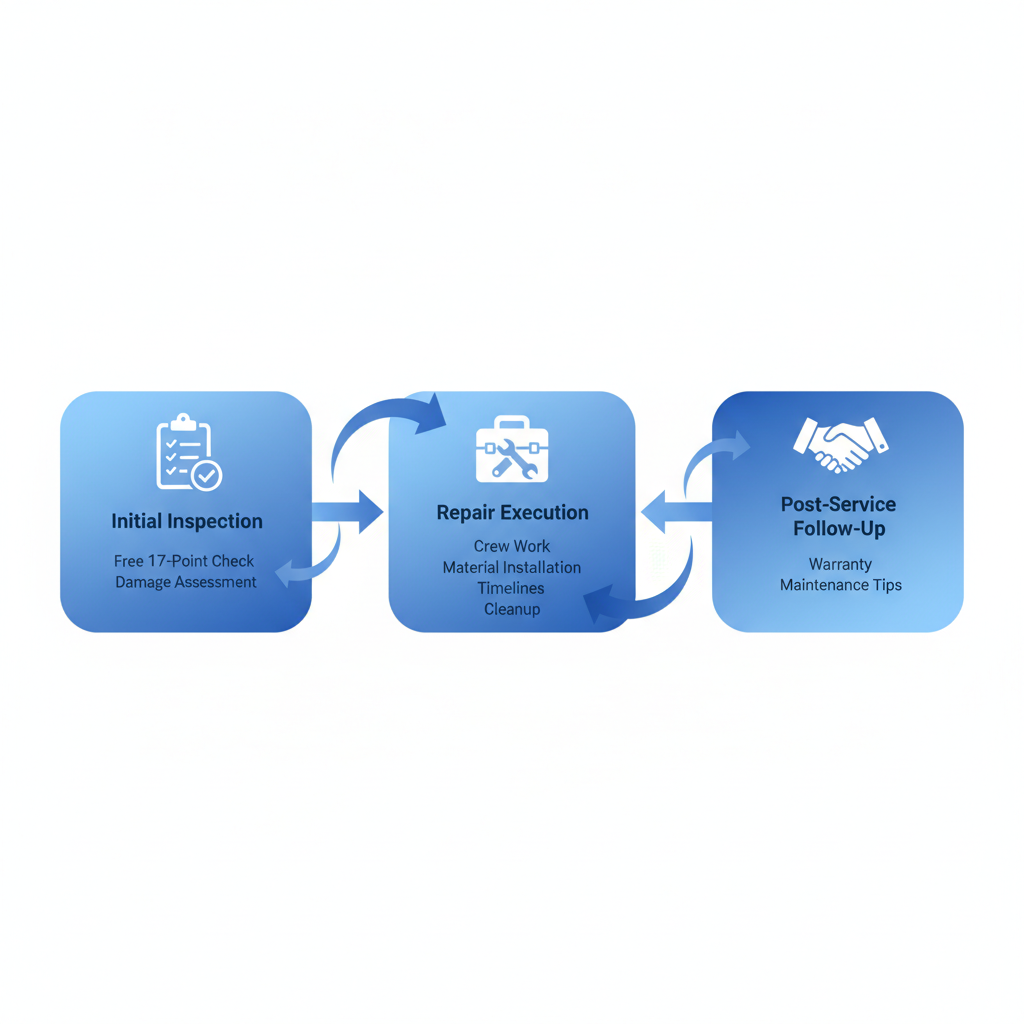 Horizontal process flow diagram outlining the three main stages of Premier Roof's roofing service process: inspection, execution, and follow-up.