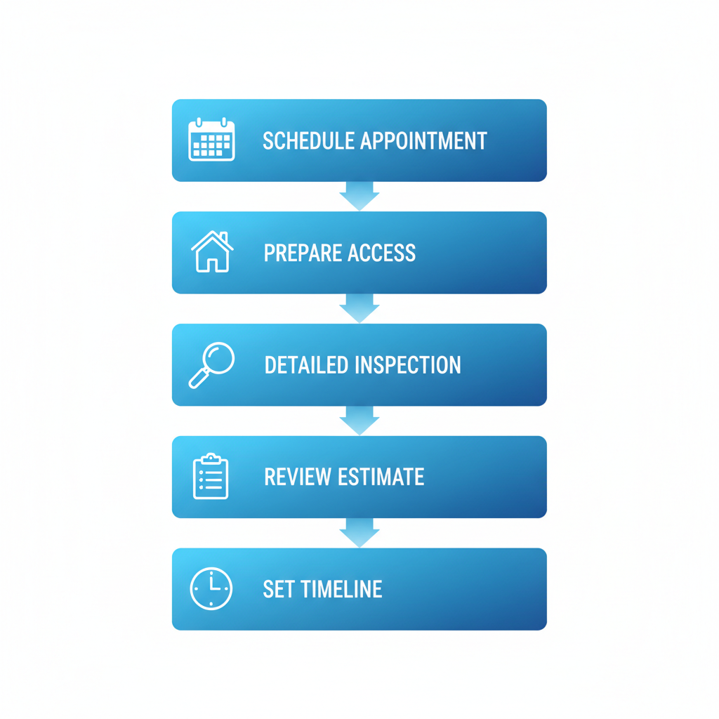 Vertical process flow diagram illustrating the steps to start a roofing project with icons for scheduling, access, inspection, estimate, and timeline