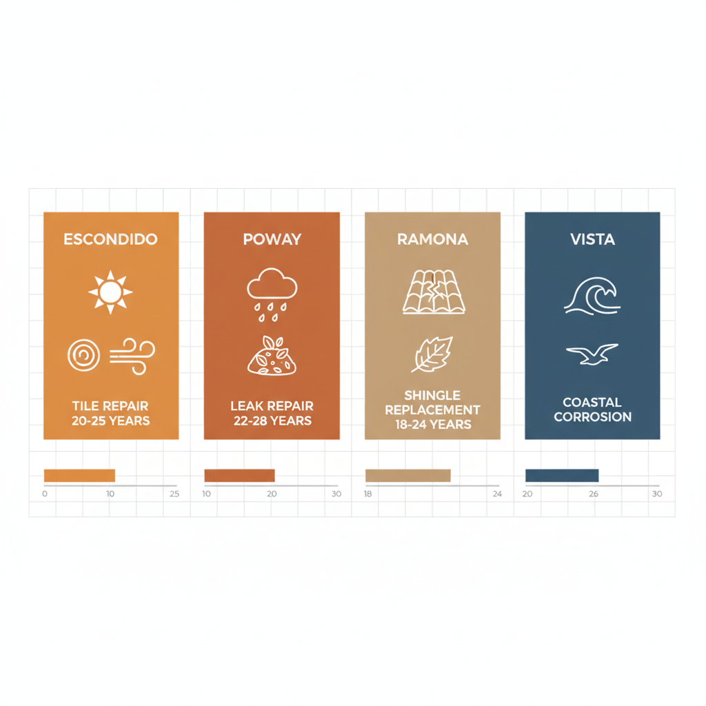 Infographic comparing roofing challenges, repair needs, and lifespans in San Diego County areas like Escondido and Poway.