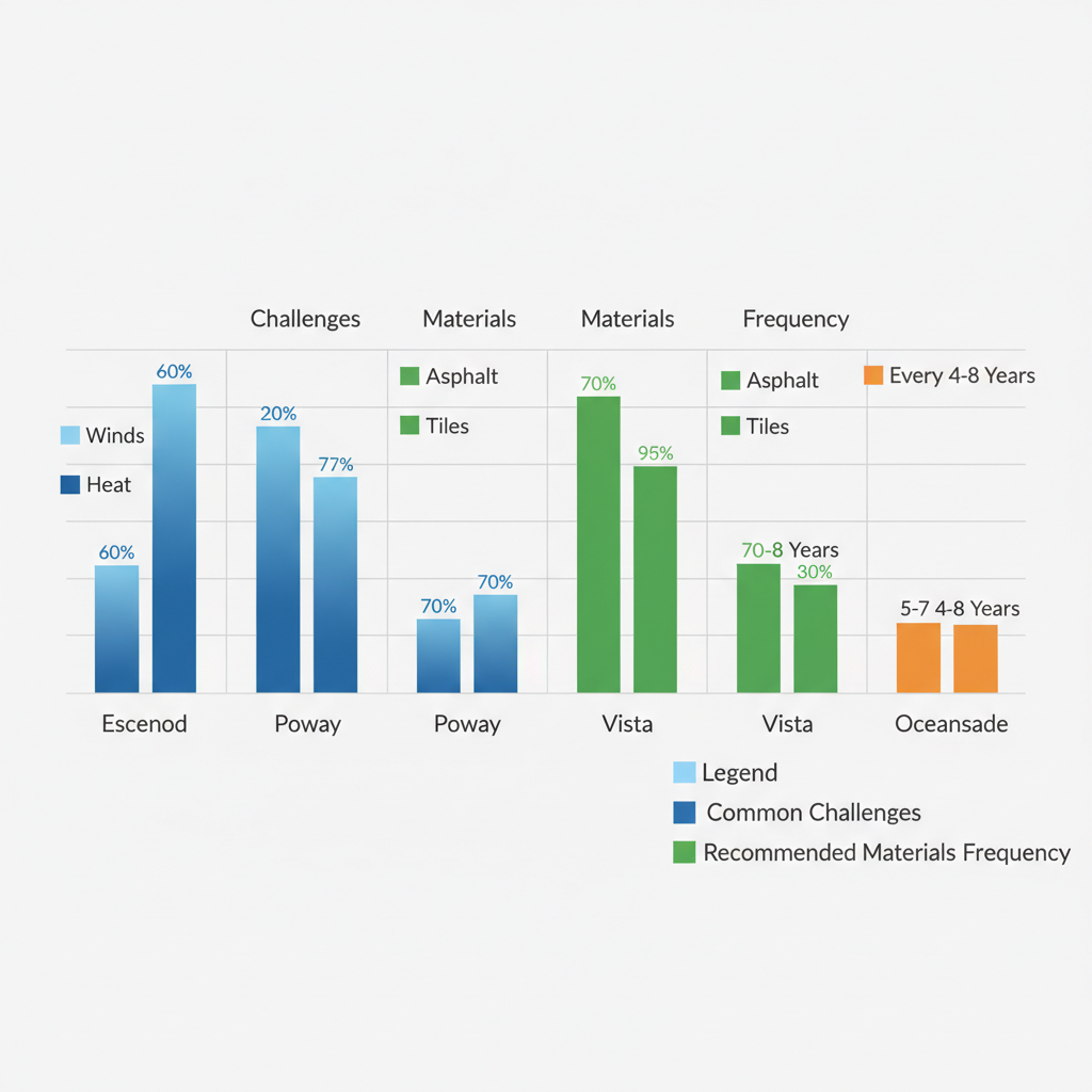 Bar chart comparing roofing challenges, materials, and repair frequencies in Escondido, Poway, Vista, and Oceanside