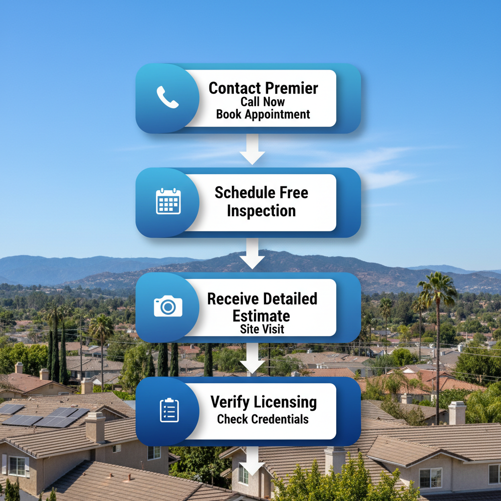Vertical process flow diagram illustrating five key steps to start a roofing project with Premier Roof Inc in Escondido