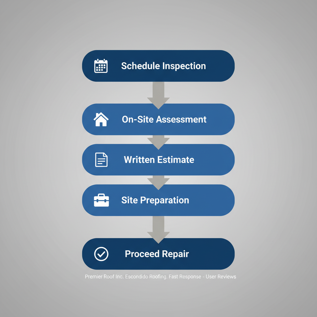Vertical process flow diagram illustrating five key steps to start roofing projects with Premier Roof Inc in Escondido: scheduling, assessment, estimate, preparation, and proceeding.