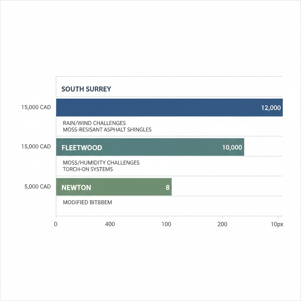 Horizontal bar chart comparing roofing repair costs and challenges in Surrey neighborhoods: South Surrey, Fleetwood, and Newton, with costs from 5,000 to 15,000 CAD.