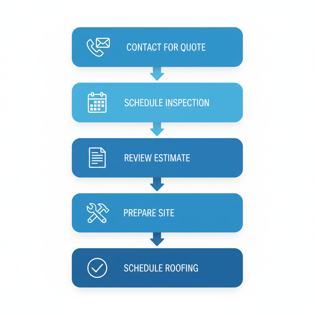 Vertical process flow diagram illustrating the five steps to start a roofing project in Surrey: contact for quote, schedule inspection, review estimate, prepare site, and schedule work.
