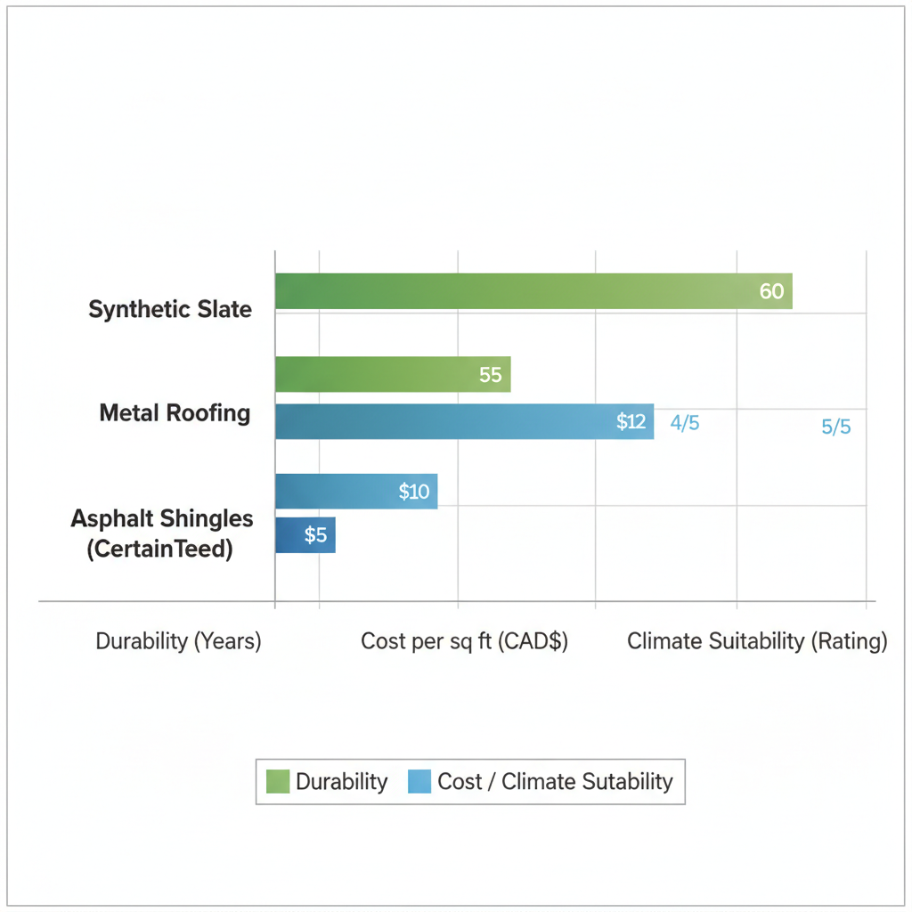 Horizontal bar chart comparing Asphalt Shingles, Metal Roofing, and Synthetic Slate for durability, cost, and climate suitability in Surrey.