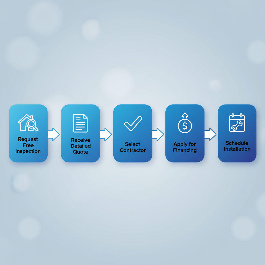 Horizontal process flow diagram illustrating five key steps for starting a new roofing project: request inspection, receive quote, select contractor, apply financing, and schedule installation.