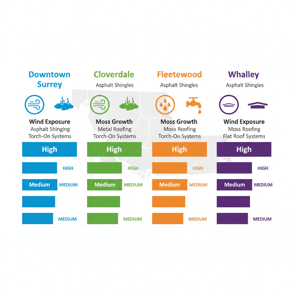 Infographic depicting roofing challenges and material recommendations for Surrey neighborhoods: Downtown, Cloverdale, Fleetwood, and Whalley
