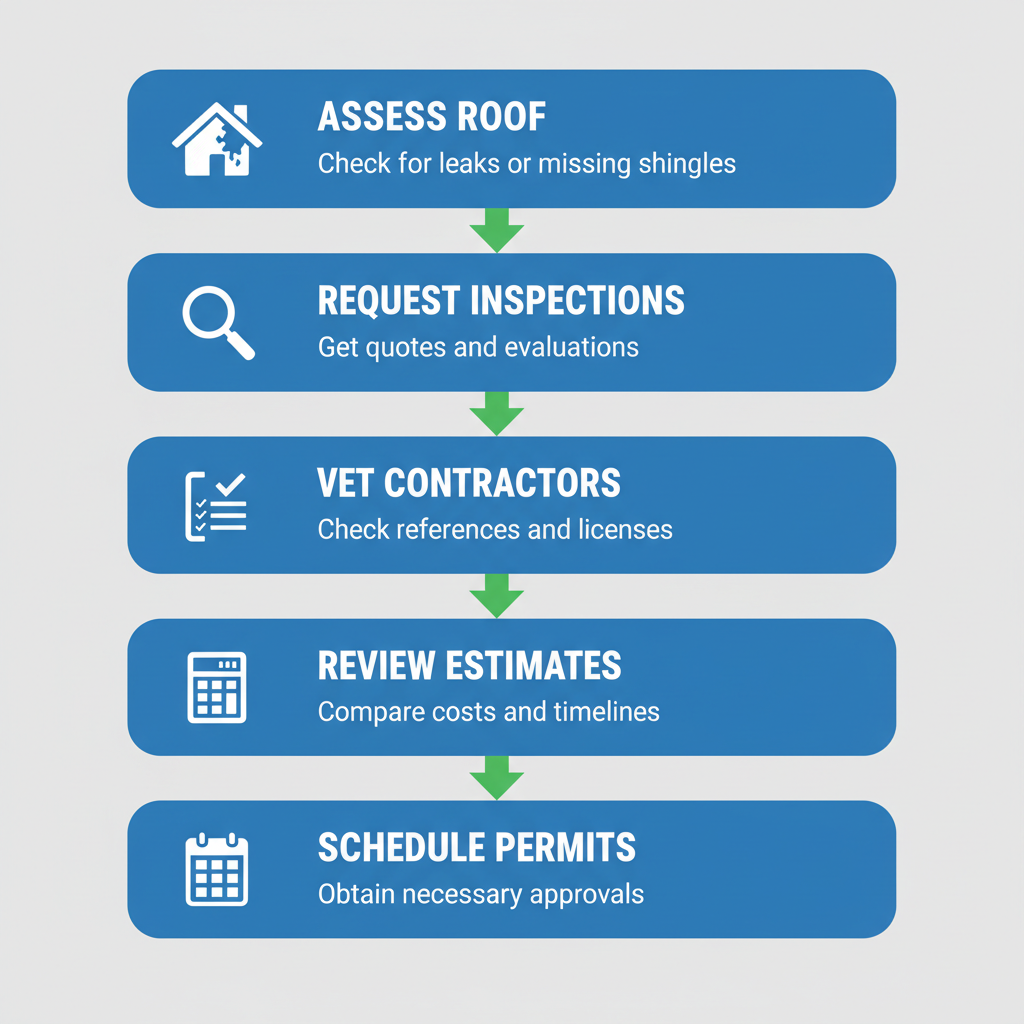 Vertical process flow diagram showing five steps to hire a roofer in Surrey with icons and brief labels.