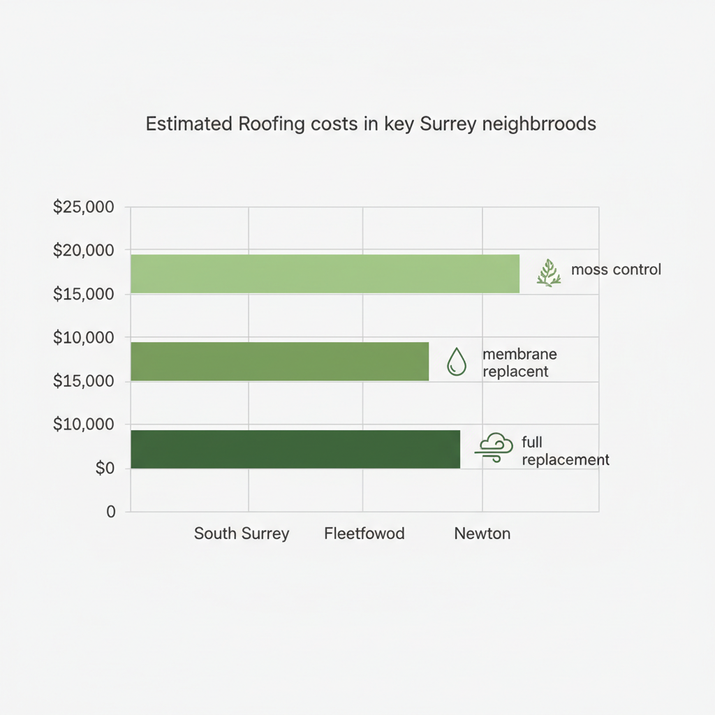 Horizontal bar chart comparing estimated roofing costs in South Surrey, Fleetwood, and Newton neighborhoods with issue icons for moss, water damage, and wind.