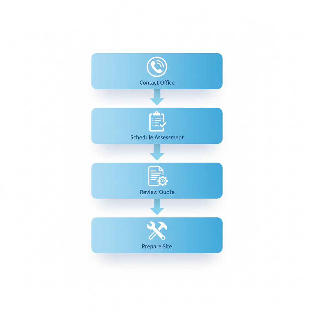 Vertical process flow diagram showing four steps to initiate a roofing project in Surrey, including contact, assessment, quote review, and site preparation