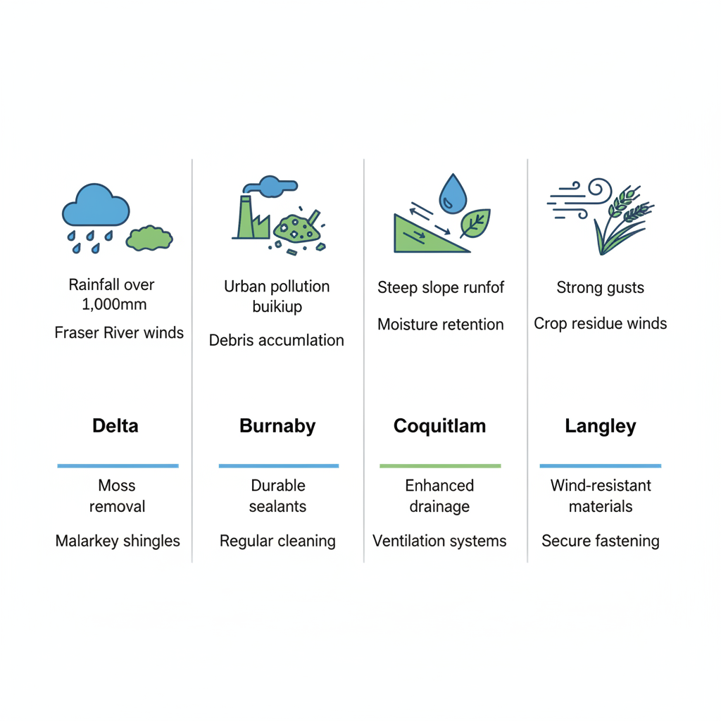 Infographic showing roofing challenges from weather and environment in Delta, Burnaby, Coquitlam, and Langley with solution icons and minimal labels