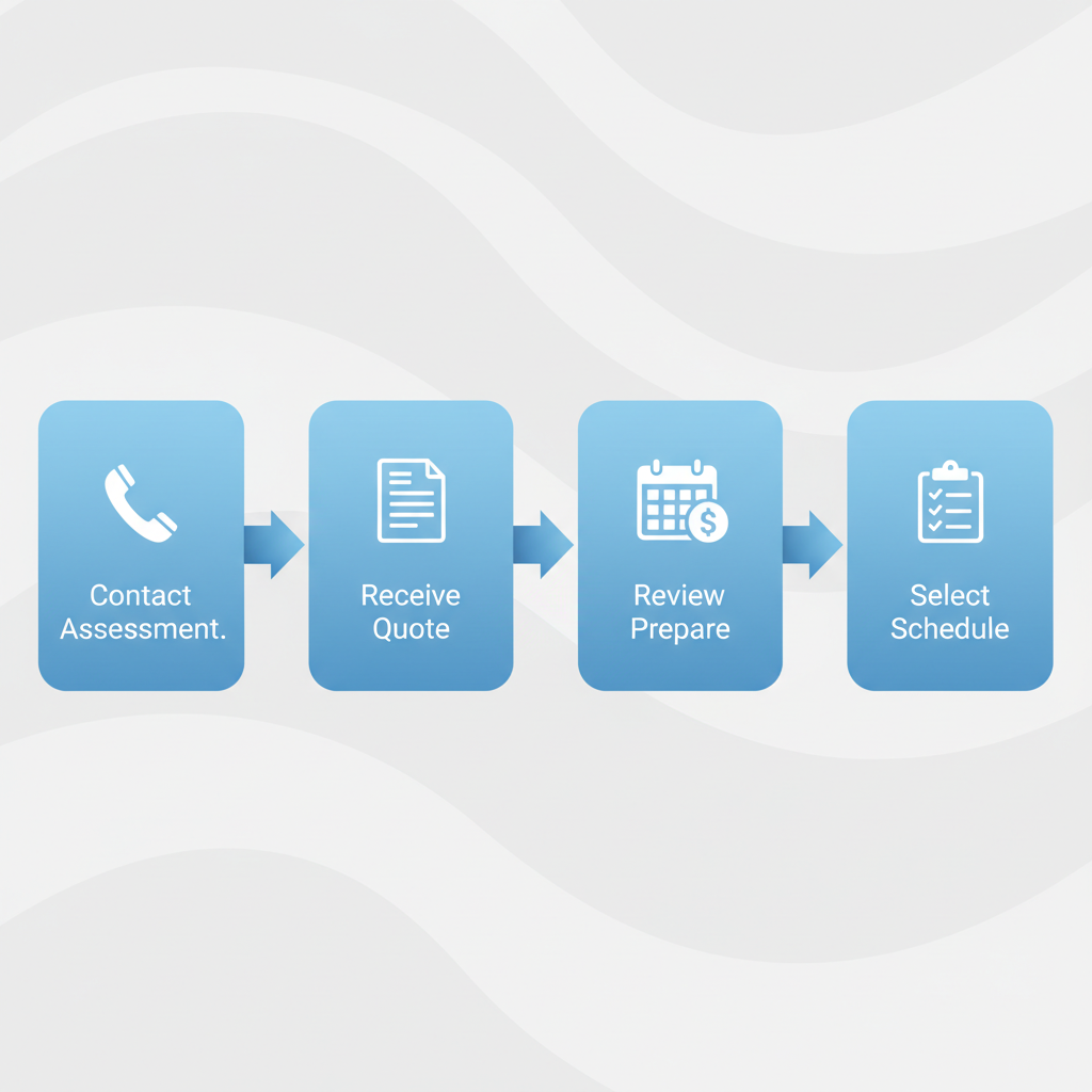 Horizontal process flow diagram illustrating four key steps to start roofing projects in Delta with icons for contact, quote, review, and scheduling