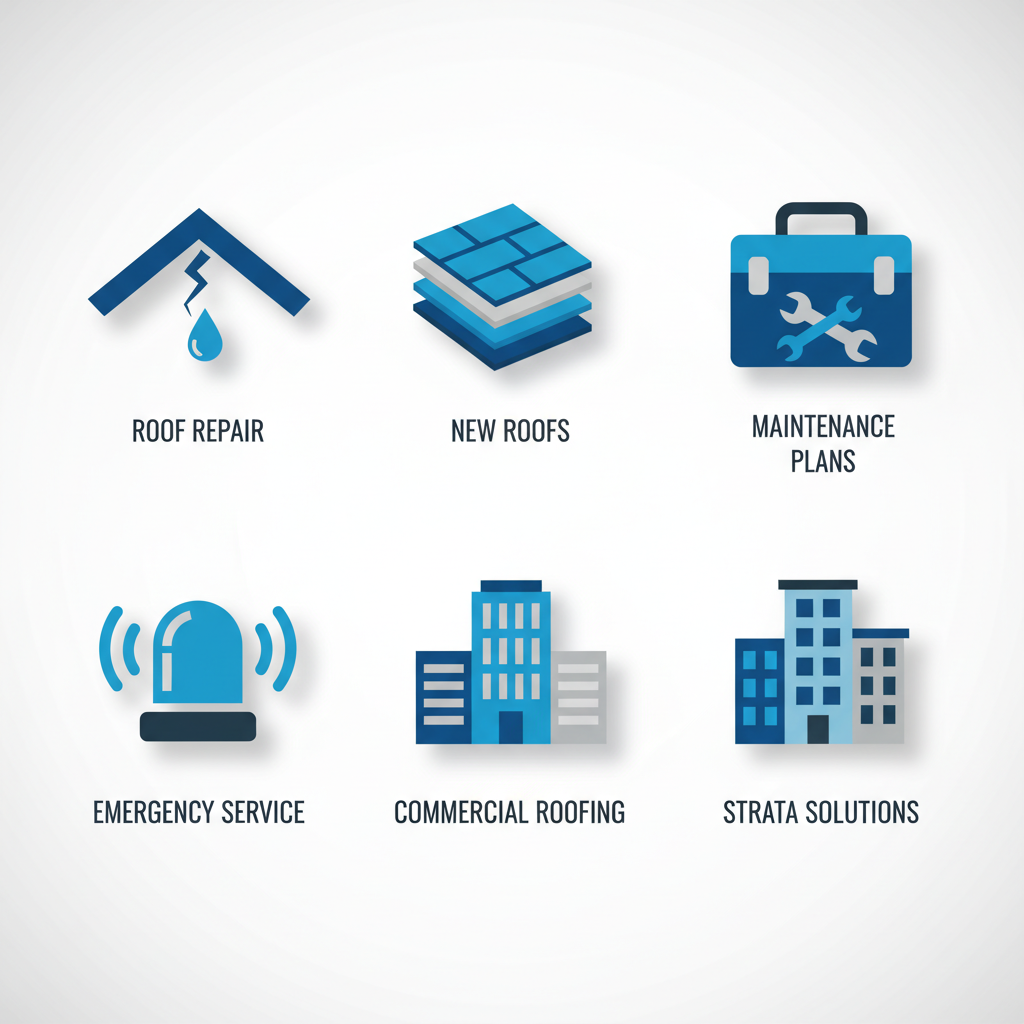 Grid of icons depicting essential roofing services: repair, installation, maintenance, emergency response, commercial solutions, and strata management in Burnaby