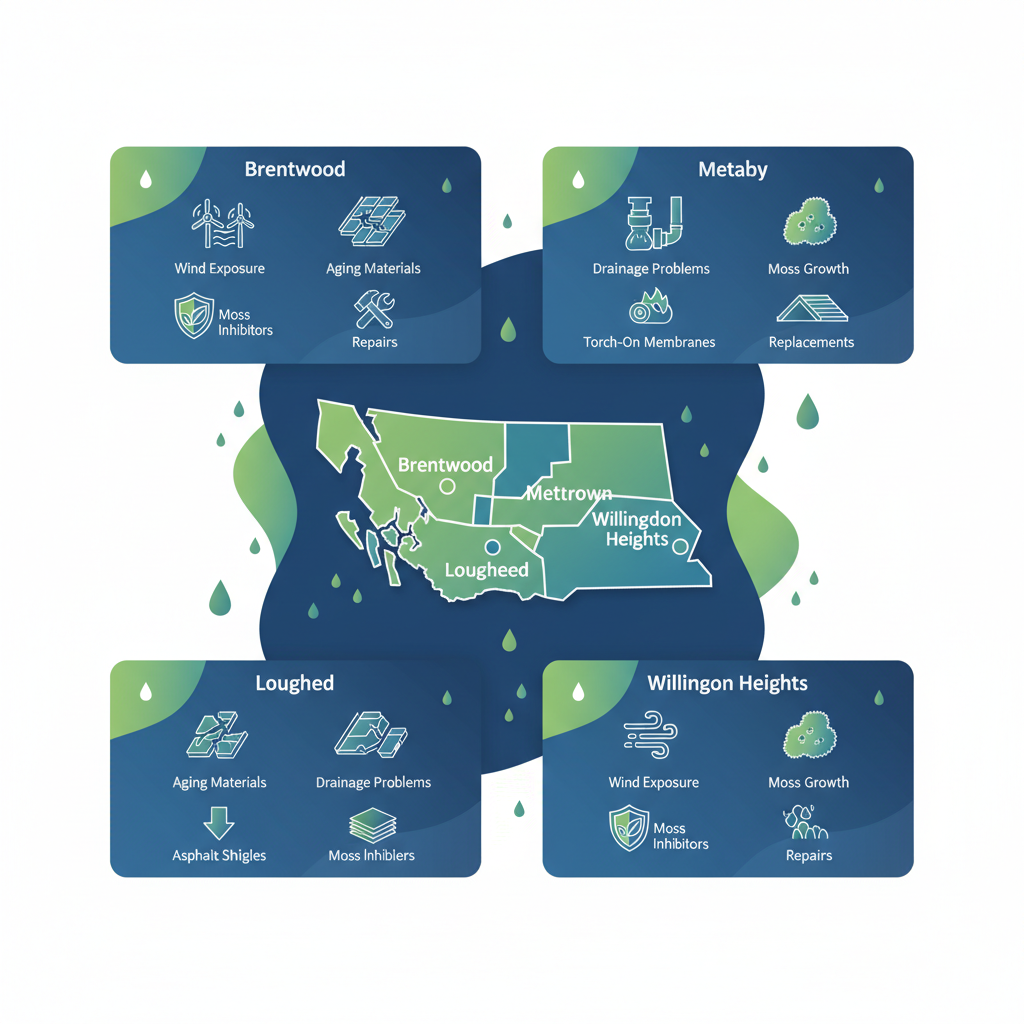 Infographic depicting roofing challenges and solutions in Burnaby neighborhoods: Brentwood wind exposure, Metrotown drainage issues, Lougheed moss growth, Willingdon Heights aging materials, with recommended materials and services.