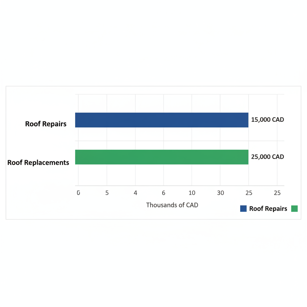 Horizontal bar chart comparing cost ranges for roof repairs and replacements in Burnaby, with blue and green bars