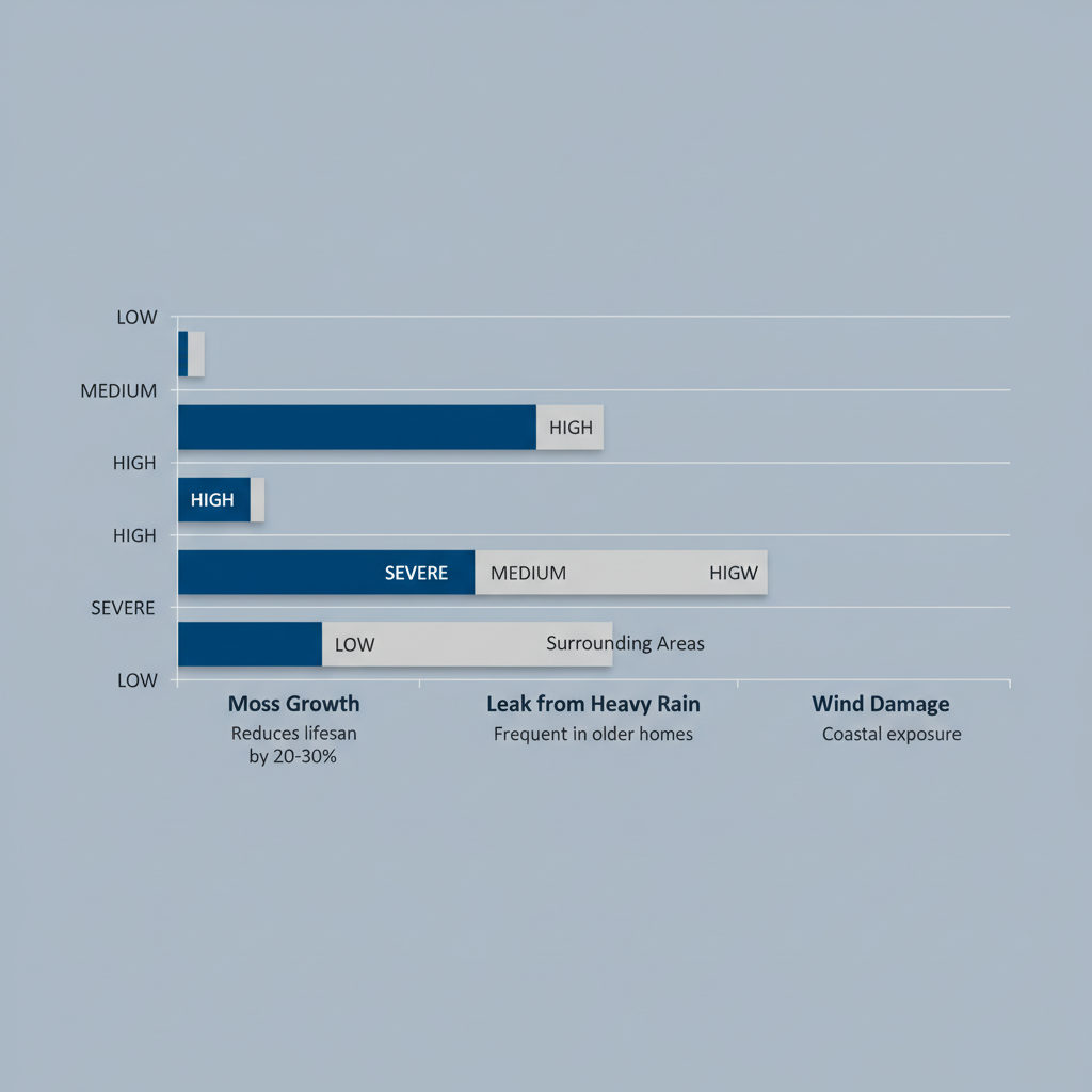 Bar chart comparing severity of moss growth, heavy rain leaks, and wind damage in Delta versus nearby areas like Langley and Surrey