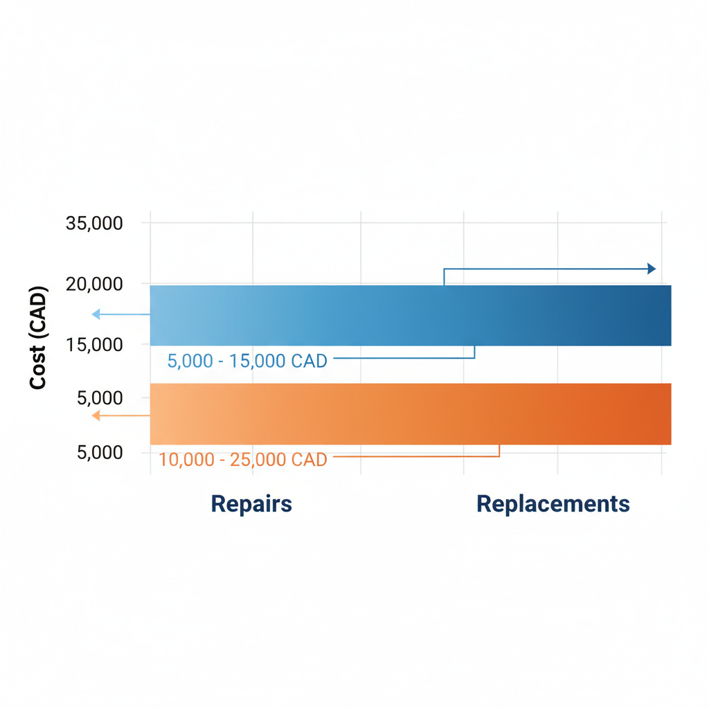 Horizontal bar chart of typical roofing costs in Burnaby: repairs 5,000-15,000 CAD in light blue, replacements 10,000-25,000 CAD in orange.