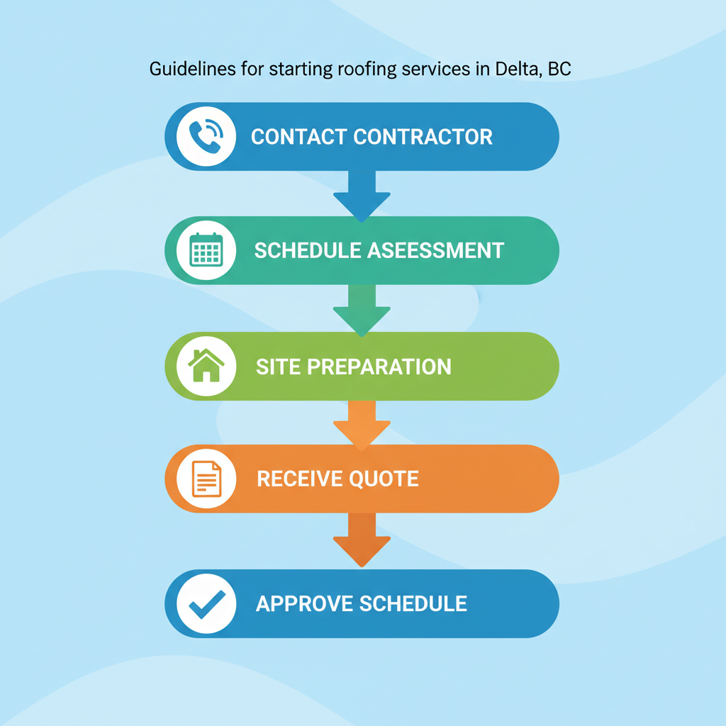 Vertical process flow diagram showing five steps to initiate a roofing project in Delta, BC: contact, schedule, inspect, quote, and approve.