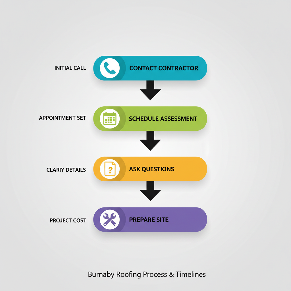 Vertical process flow diagram illustrating five steps for starting a roofing project in Burnaby: contact contractor, schedule assessment, ask questions, obtain quote, and prepare site.