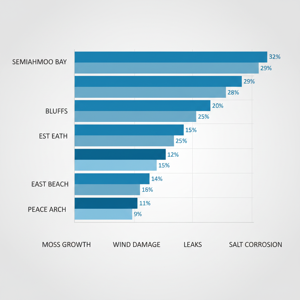 Horizontal bar chart depicting common roofing issues like moss growth, wind damage, leaks, and salt corrosion in White Rock neighborhoods with frequency percentages