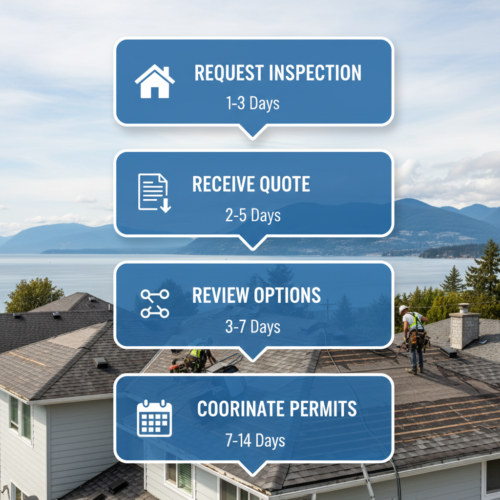 Vertical process flow diagram outlining four key steps for starting roofing projects: request inspection, receive quote, review options, and coordinate permits with icons and timelines.