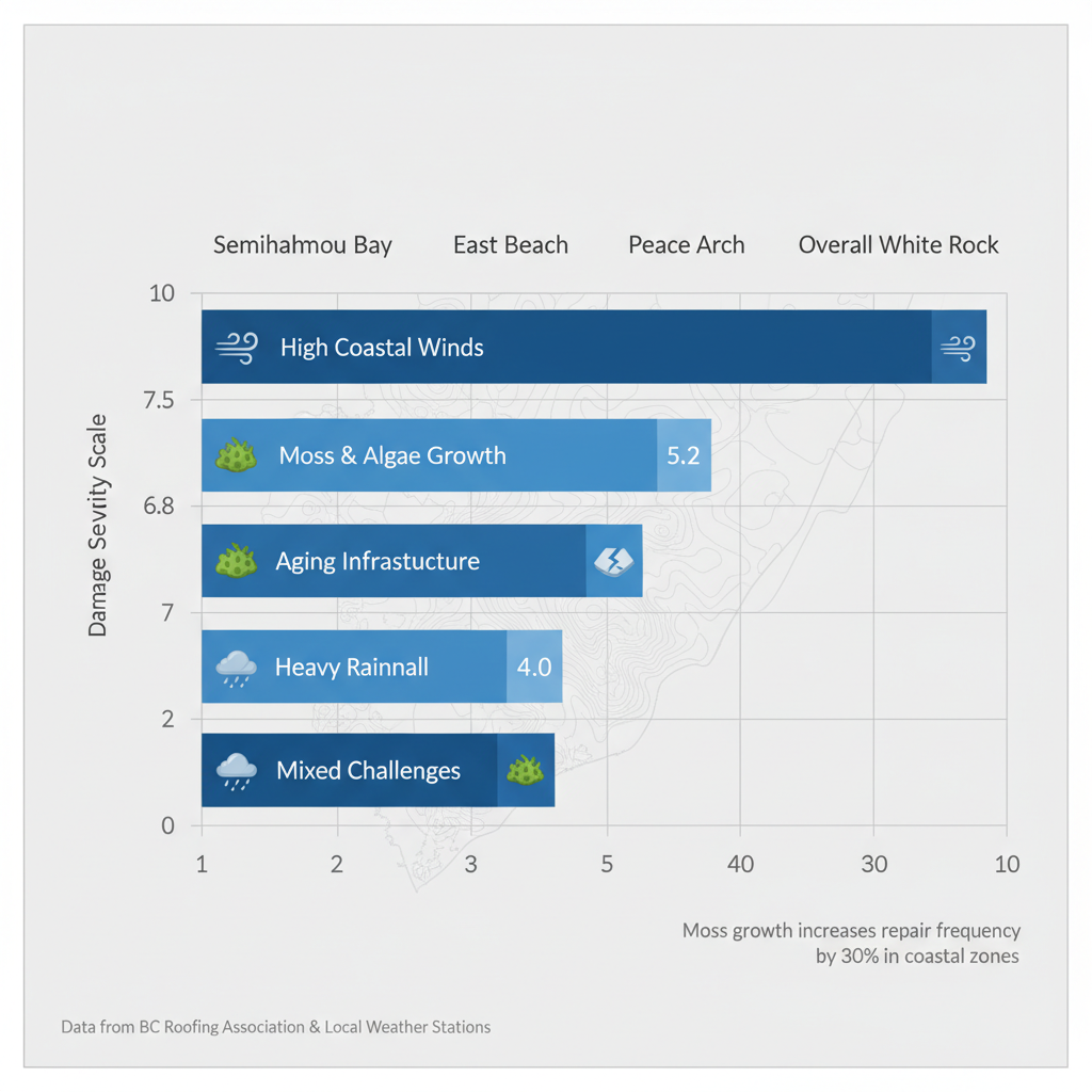 Horizontal bar chart of roofing damage severity and challenges in White Rock neighborhoods, featuring gradient blue bars and icons.