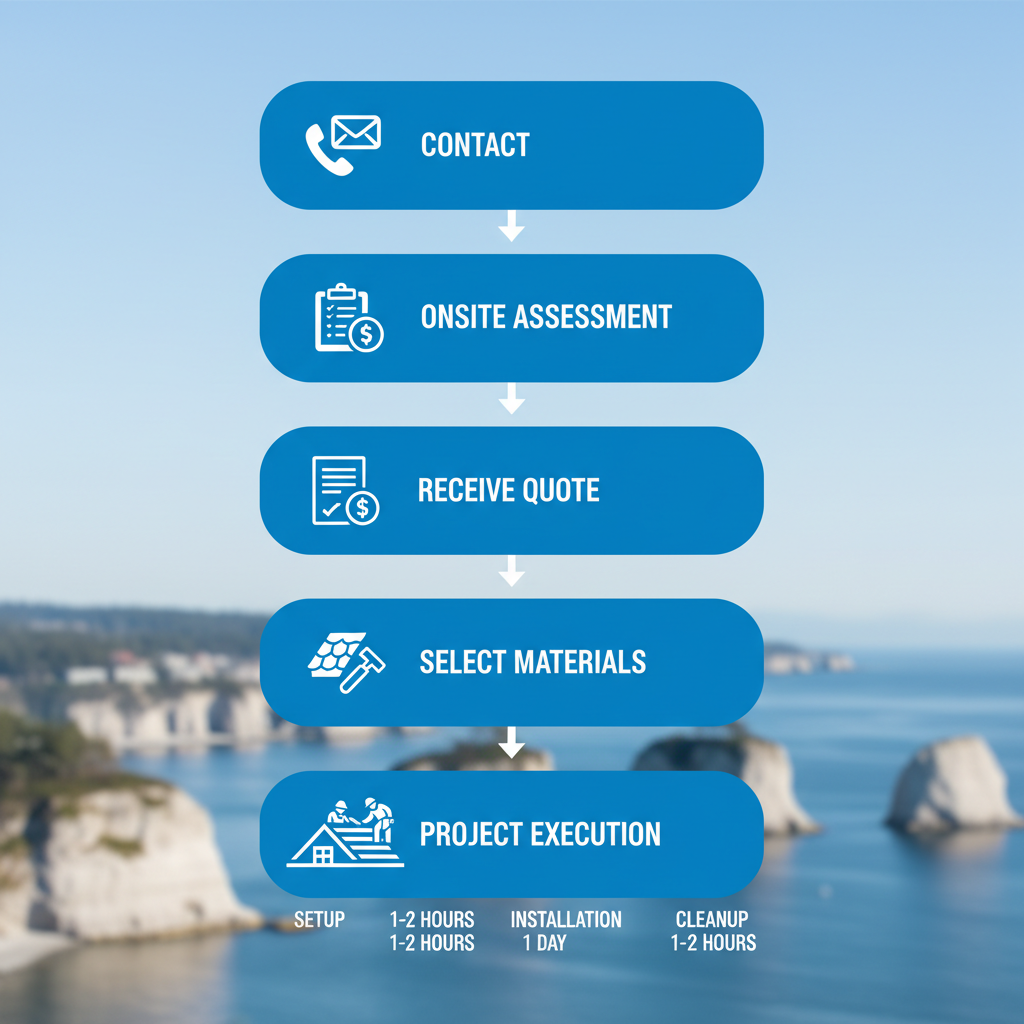 Vertical process flow diagram illustrating five steps to secure roofing services in White Rock, from contact to project execution.